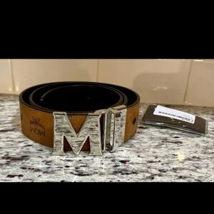MCM Classic Cognac Belt with Silver Logo Buckle Brand New W/ Dust Bag And Box